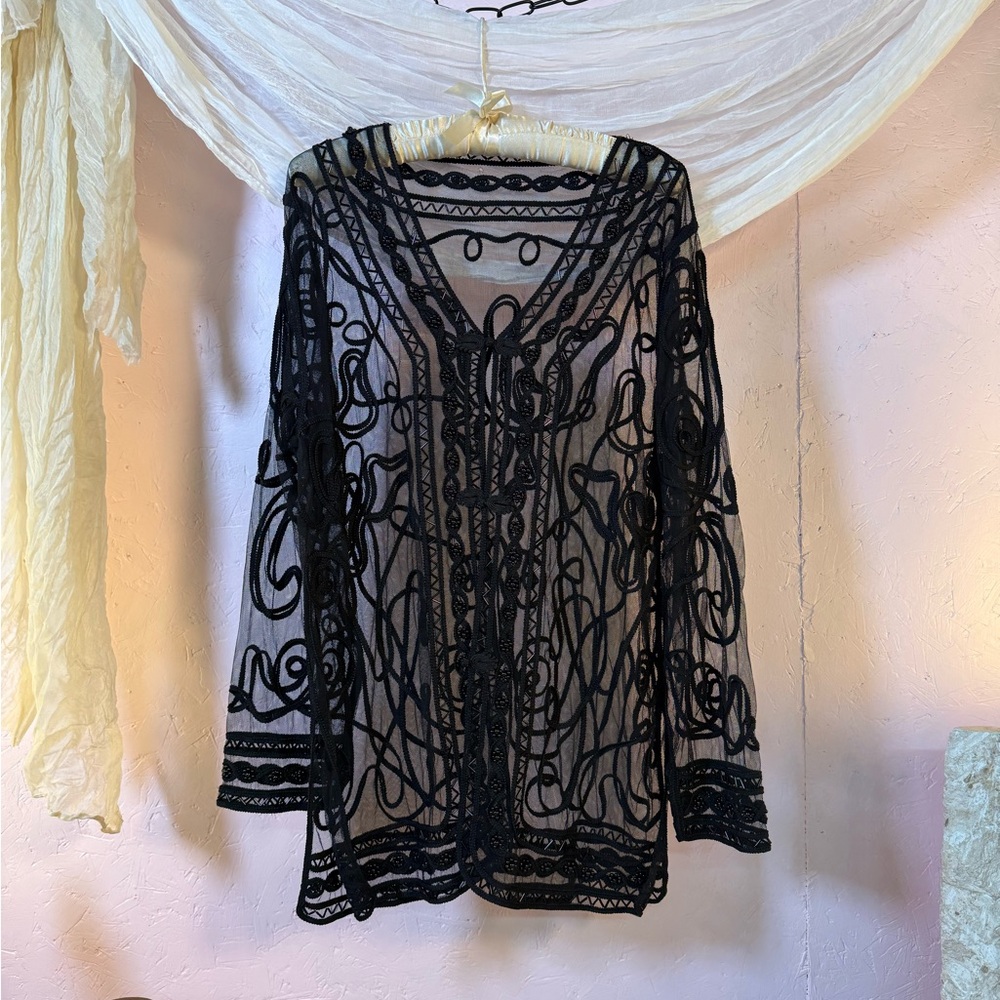 Vintage Sheer Black Beaded Tunic – XL